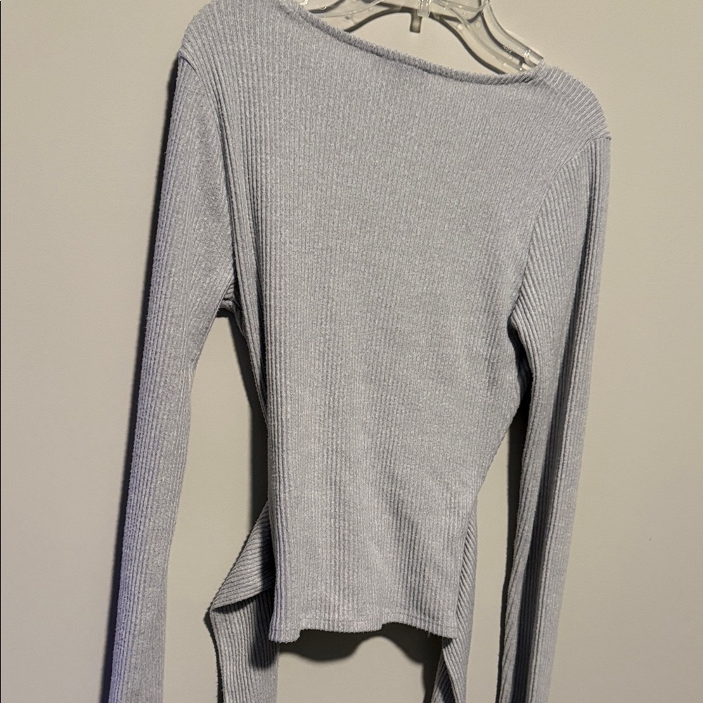 Express Light Gray Ribbed Wrap Blouse - image 5